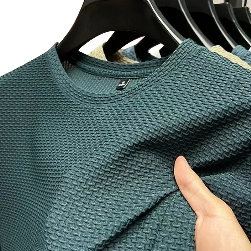 2026 Summer Men's Short Sleeve Mesh Bamboo Ice Silk T-shirt Casual Versatile Summer Elastic Slimming Top for Men