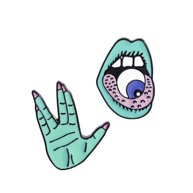 XEDZ New popular brooch cartoon thriller mouth with eyes green magic palm alloy drip oil brooch