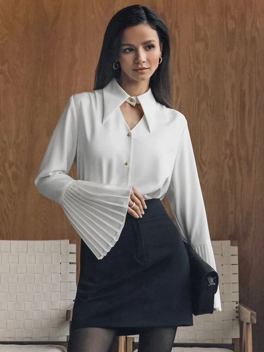Parc Fee Fashion Loose White Office Women Blouse 2025 Casual Lapel Long Sleeve Shirts Elegant Chic Solid Top Female Clothing