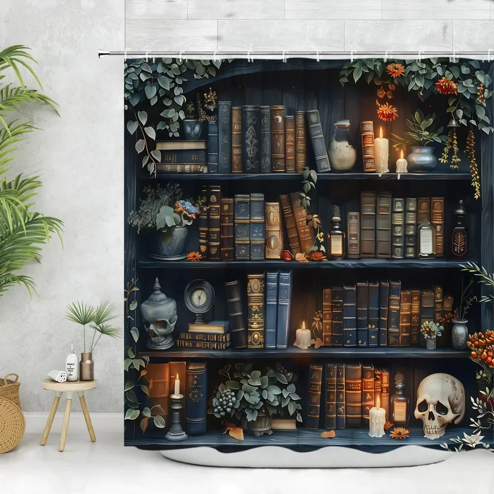 Vintage Library Shower Curtain Skull Candles Old Books Bookshelf Cat Plant Cartoon Home Polyester Fabric Bathroom Decor Curtains