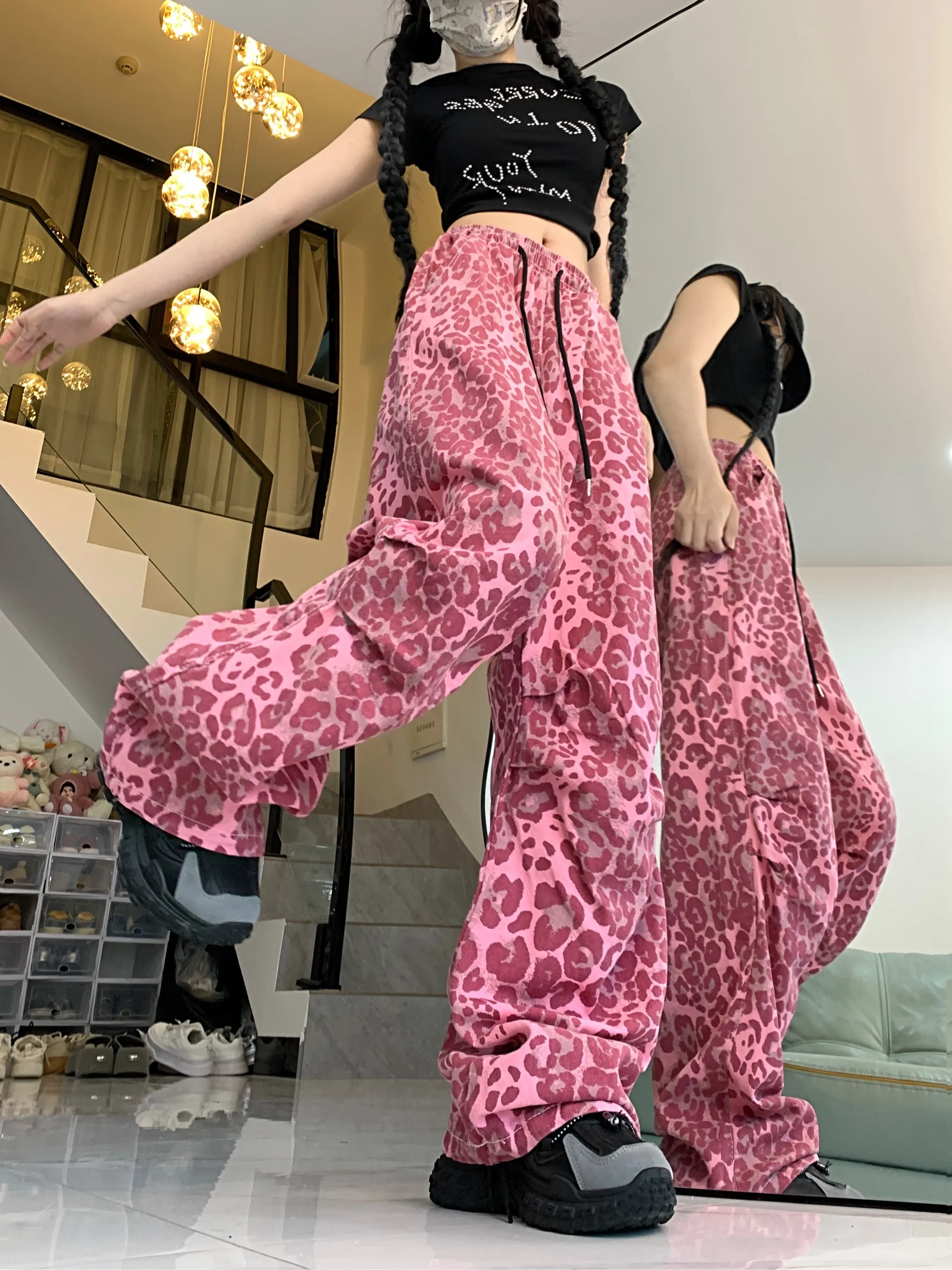 Vintage Streetwear Red Leopard Pants Jogger Sweatpants women Harajuku Loose Cargo Pants Y2k Retro 2000s Aesthetic Trousers