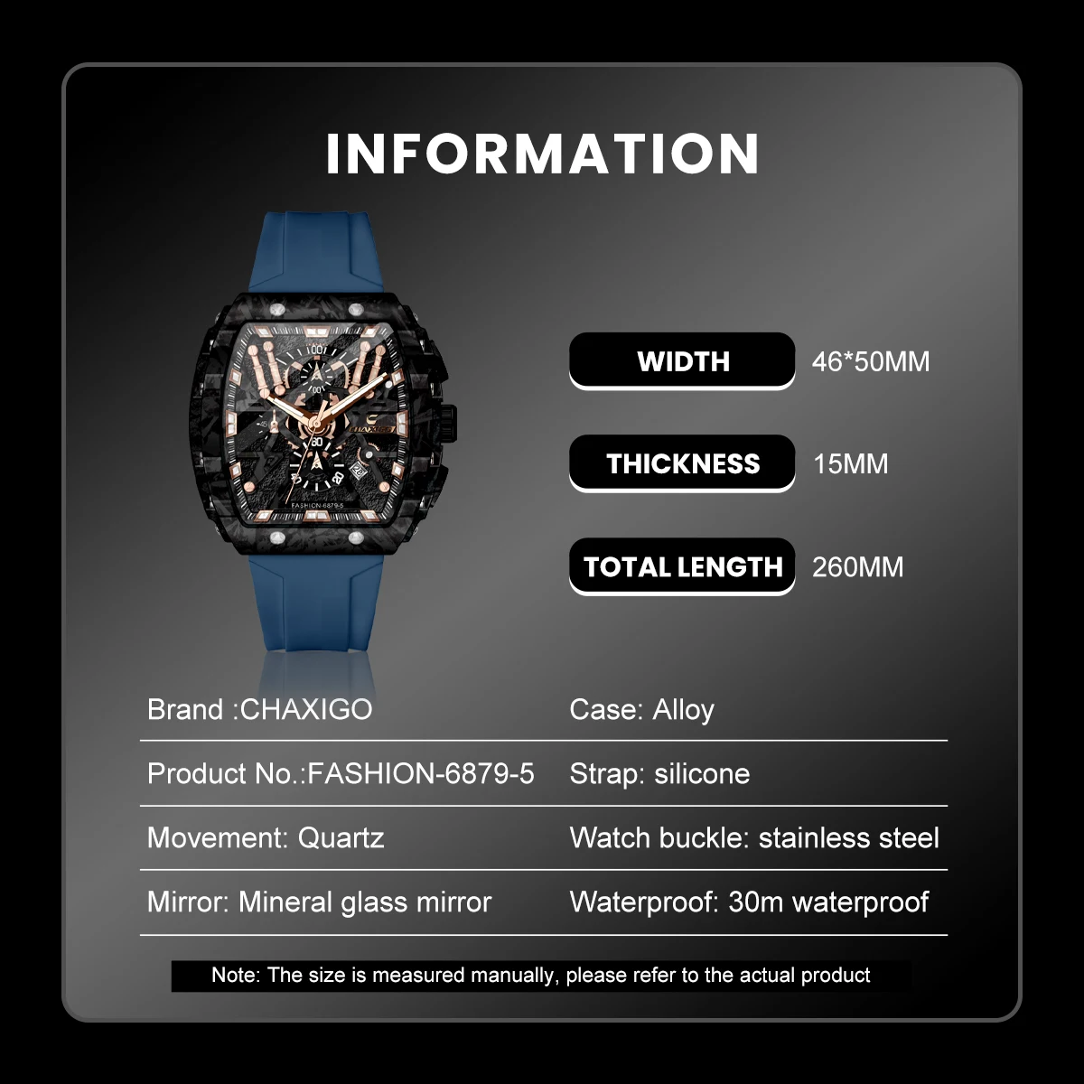 ساعة CHAXIGO الرياضية للرجال بحزام سيليكون، 46 ملم برتقالي مضيء، ساعة كوارتز مقاومة للماء حتى 30 مترًا