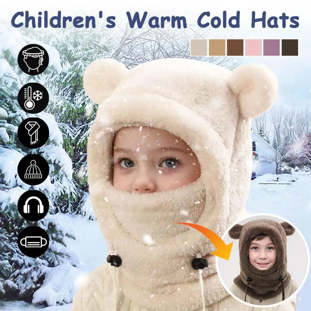 

Капюшон с медвежьими ушками для детей, осенне-зимний шарф из полиэфирного волокна, маска, интегрированная шапка, теплая шапка для холодной погоды, детские теплые шапки