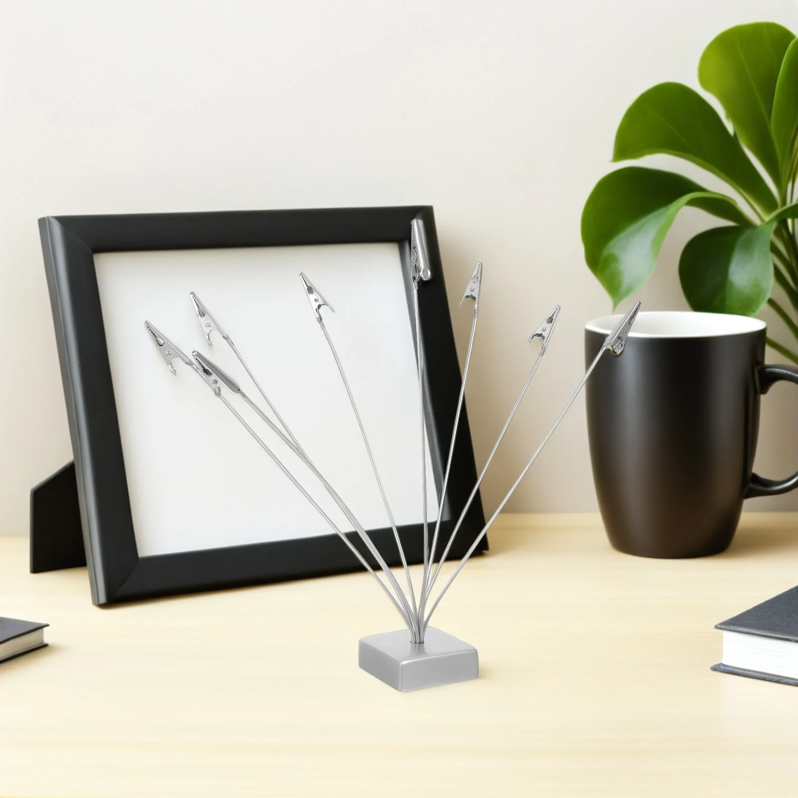 

2Pcs Desktop Memo Clip Holder Multihead Silver Office Desk Organizer Stable Square Base Card Photo Clips Holder