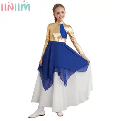 Kids Girls Lyrical Modern Dancewear Metallic Long Sleeves Christian Church Dance Long Dress Worship Robe Tunic Dress Costume