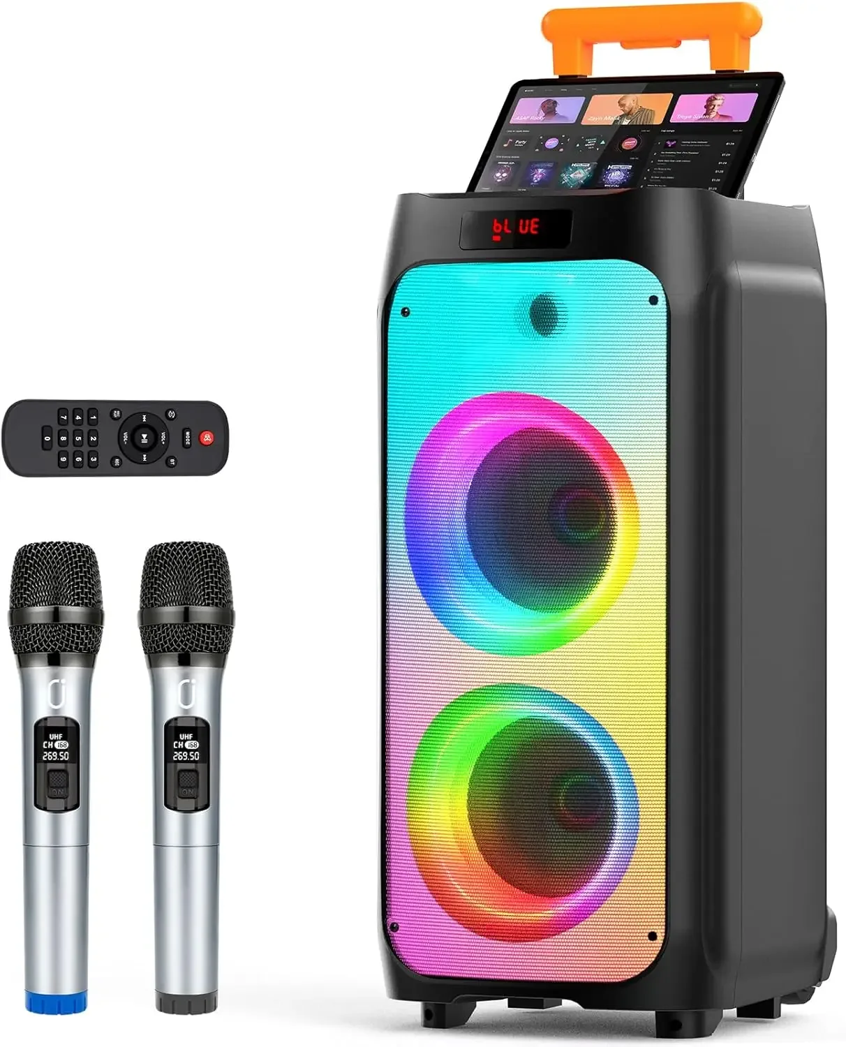 Machine with 2 Wireless Microphones, Portable Bluetooth Karaoke Speaker for Outdoor, Big Party PA System with Disco Ligh