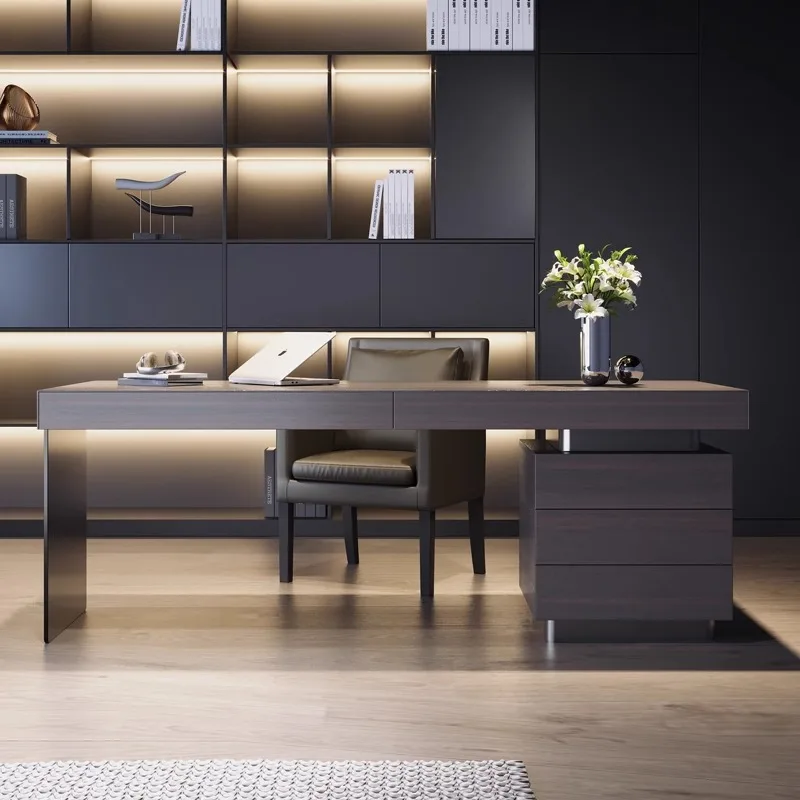 Italian minimalist study desk, light luxury modern smoked wood solid wood writing desk, designer high-end computer table