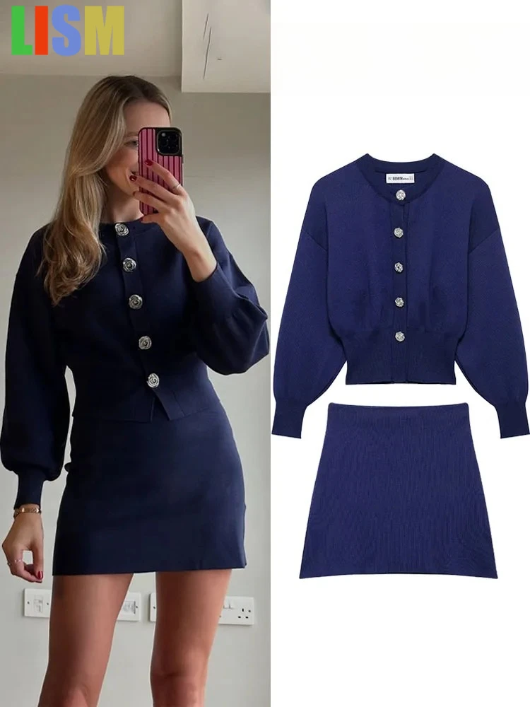 

LISM Women's Slim Fit 2 Piece Set Retro Black Knitted Sweater Jacket High Waist winter woman outfit Mini Skirt Streetwear