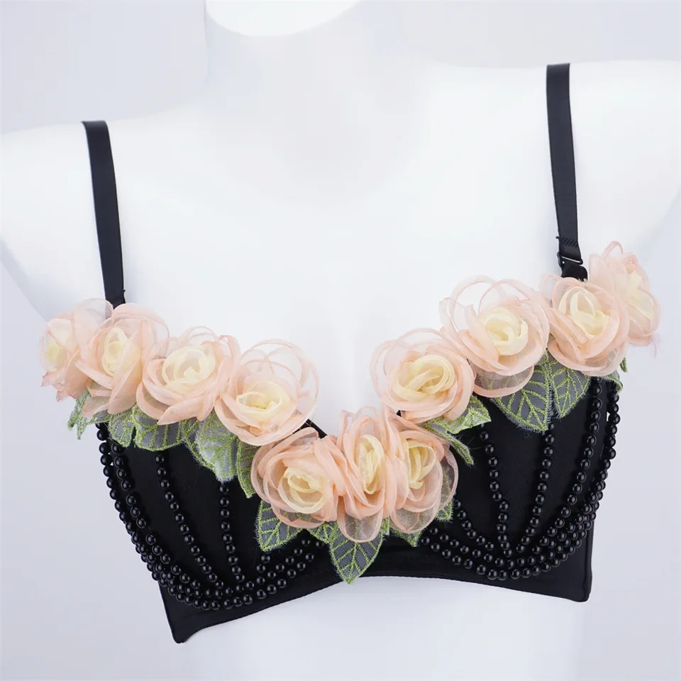 Pure Lust Stage Level Organza Flower Plunge Women Multi-Layer Three-Dimensional Yarn Flower Fishbone Camisole Top