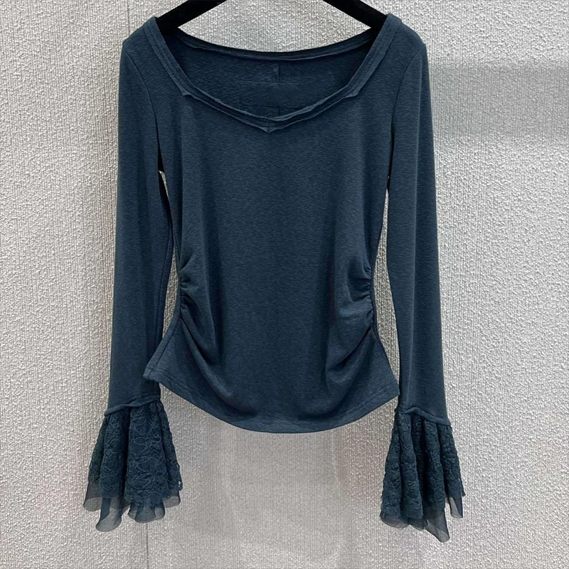 

Высококачественная женская футболка с длинными рукавами и кружевной вышивкой в стиле пэчворк, облегающая и сексуальный дизайн 2591971