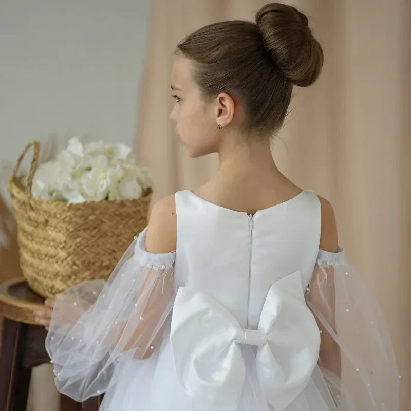 꽃의 소녀 드레스 흰색 Tulle Appliques 활 진주 긴 소매 결혼식 생일 파티 성찬식 가운