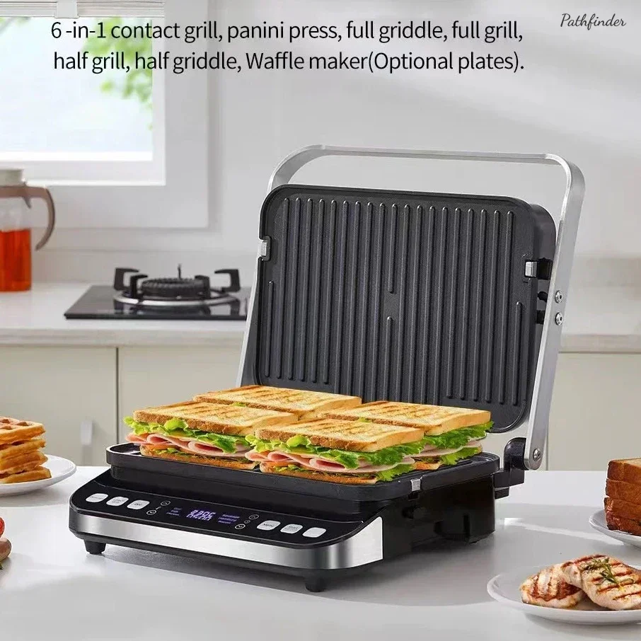 2000W 6-in-1 electric grill. For barbecue, digital griddle, sandwich/Panini press. Optional waffle plates.