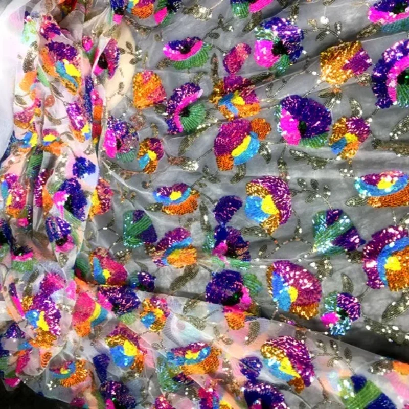 Colorful Crystal Sequins  Clustered Flowers  Sparkling Mesh Dress  High-end Customized Dress  Designer Embroidered Fabric