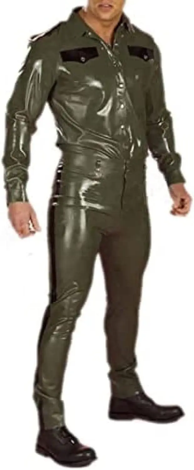 

Army Green Uniform Men's Latex Top Shirt and Trousers Set Handmade