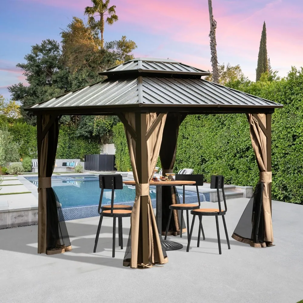 

8' x 10' Hardtop Gazebo Permanent Metal Gazebo with Galvanized Steel Double Roof, Curtains and Netting