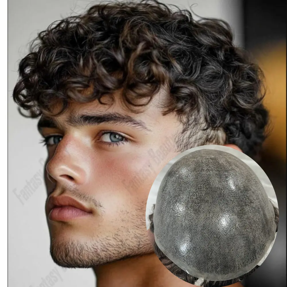 

25 мм вьющийся мужской парик 0,1 мм, полностью искусственная тонкая кожа, капиллярный протез, индийские человеческие волосы, волна воды, коричневый, черный, серый, натуральный шиньон