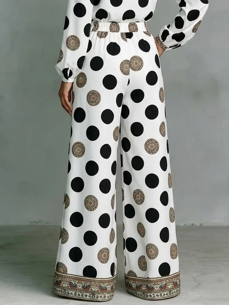 Yeezzi Women's Retro Floral Polka Dot Printed Matching Pants High Waisted Wide Leg Loose Elegant Casual Office Palazzo Trousers