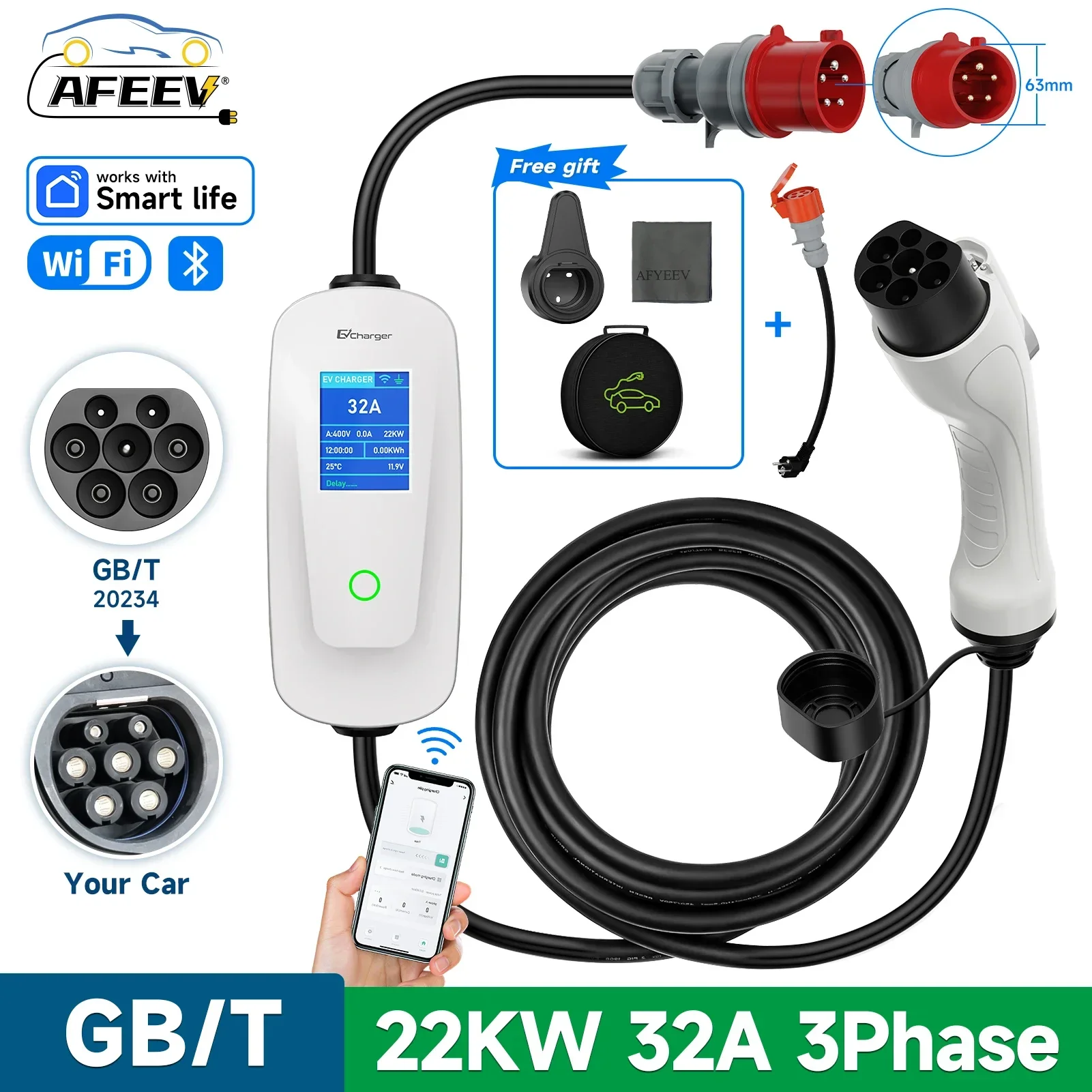 AFEEV 22KW 32A Caricatore EV portatile trifase GBT 20234 Wallbox EVSE Cavo di ricarica veloce Spina CEE WiFi APP Bluetooth Telecomando