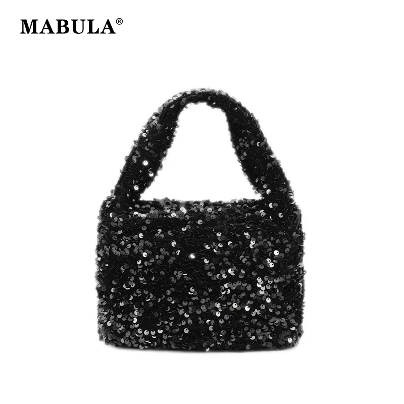 MABULA Black Silver Sequins Small Square Handbag Sparkle Glossy Luxury Design Winter Fashion Phone Purse Ladies Shoulder Satchel