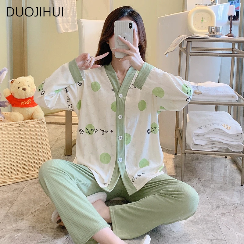 DUOJIHUI Classic Contrast Color Two Piece Female Pajamas Set Autumn Loose Chic Dot Simple Casual Fashion Home Pajamas for Women