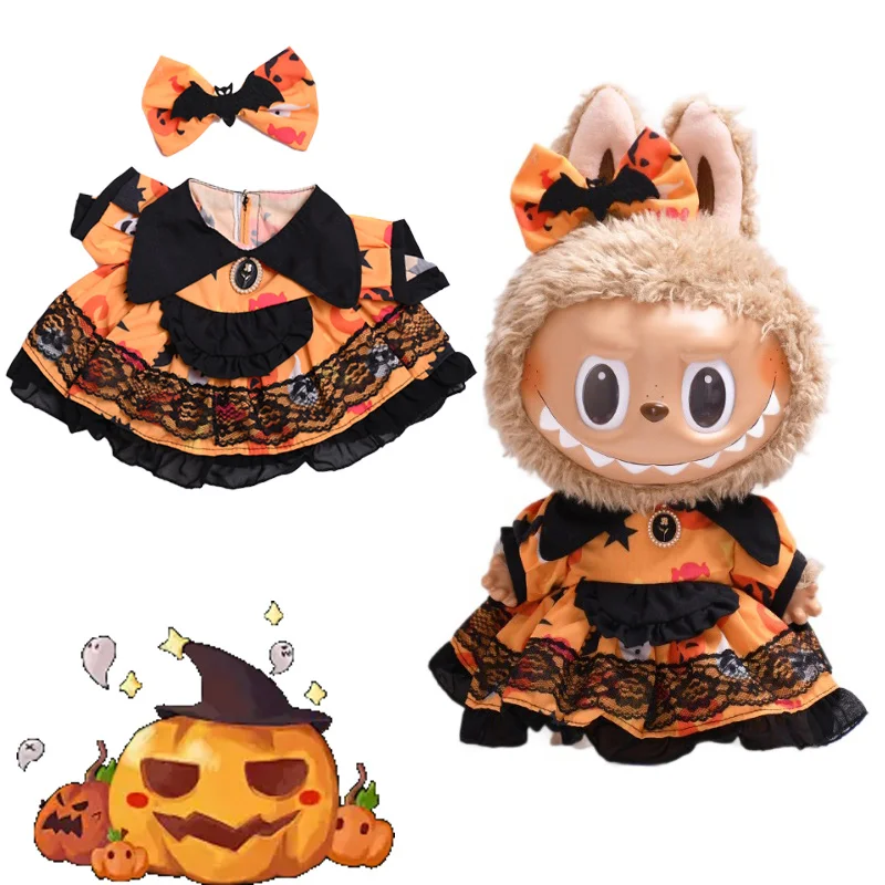 

For 38cm Labubu Doll Clothes Dress For Halloween Orange Dress Vinyl Labubu Cute Bat Pattern Doll Outfit Doll Accessories
