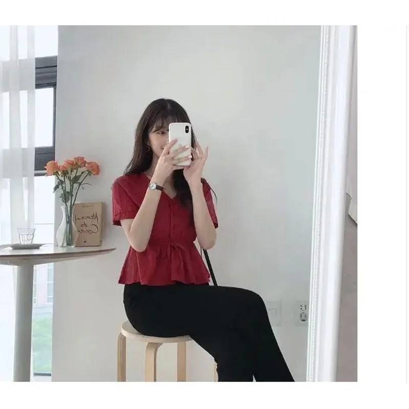 

2024 Womens Linen Blouse Faion T Vintage Cleanfit Sle A-Line Sve ort Sve Thin Poly Fabric Women's irt