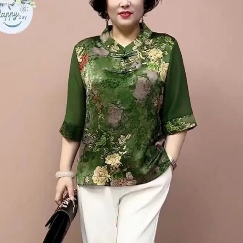 Pulôver retrô patchwork estilo chinês para mulheres, gola alta, impressão de botões, fino, confortável, camisas de manga curta, novas, verão, 2024