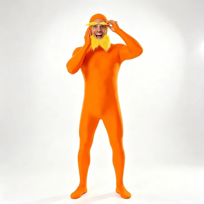 Disfraz de Cosplay para Fiesta de Halloween, Traje de Disfraz para Hombre, Traje de Mono Naranja con Barba y Cejas Amarillas