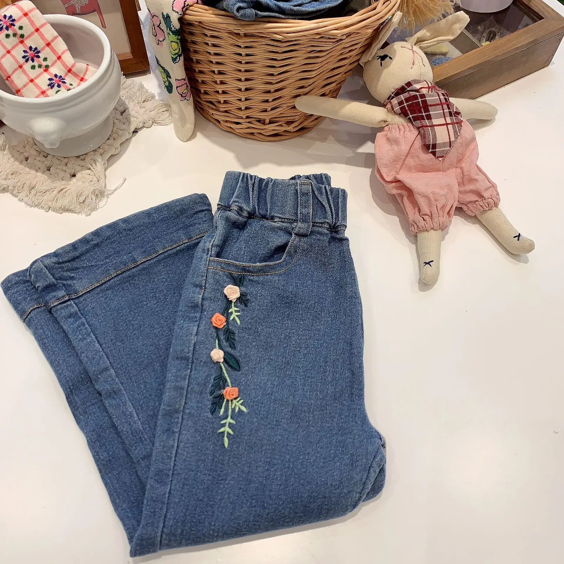 Girls Spring and Autumn Long Jeans 2024 New Casual Fashion High-waisted Straight Tube Design Sense Slight Flare Blue Jeans Pants