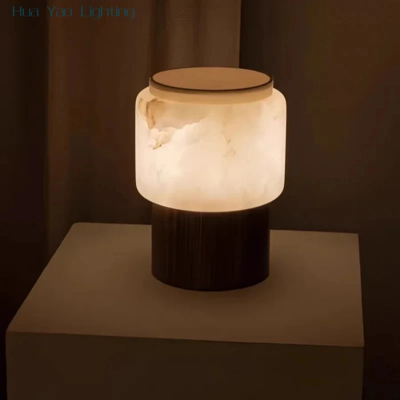 Natural Alabaster Table Lamp with Solid Walnut Base, Handmade Stone Bedside Lamp for Bedroom, Wabi Sabi Home Decor Accent Light