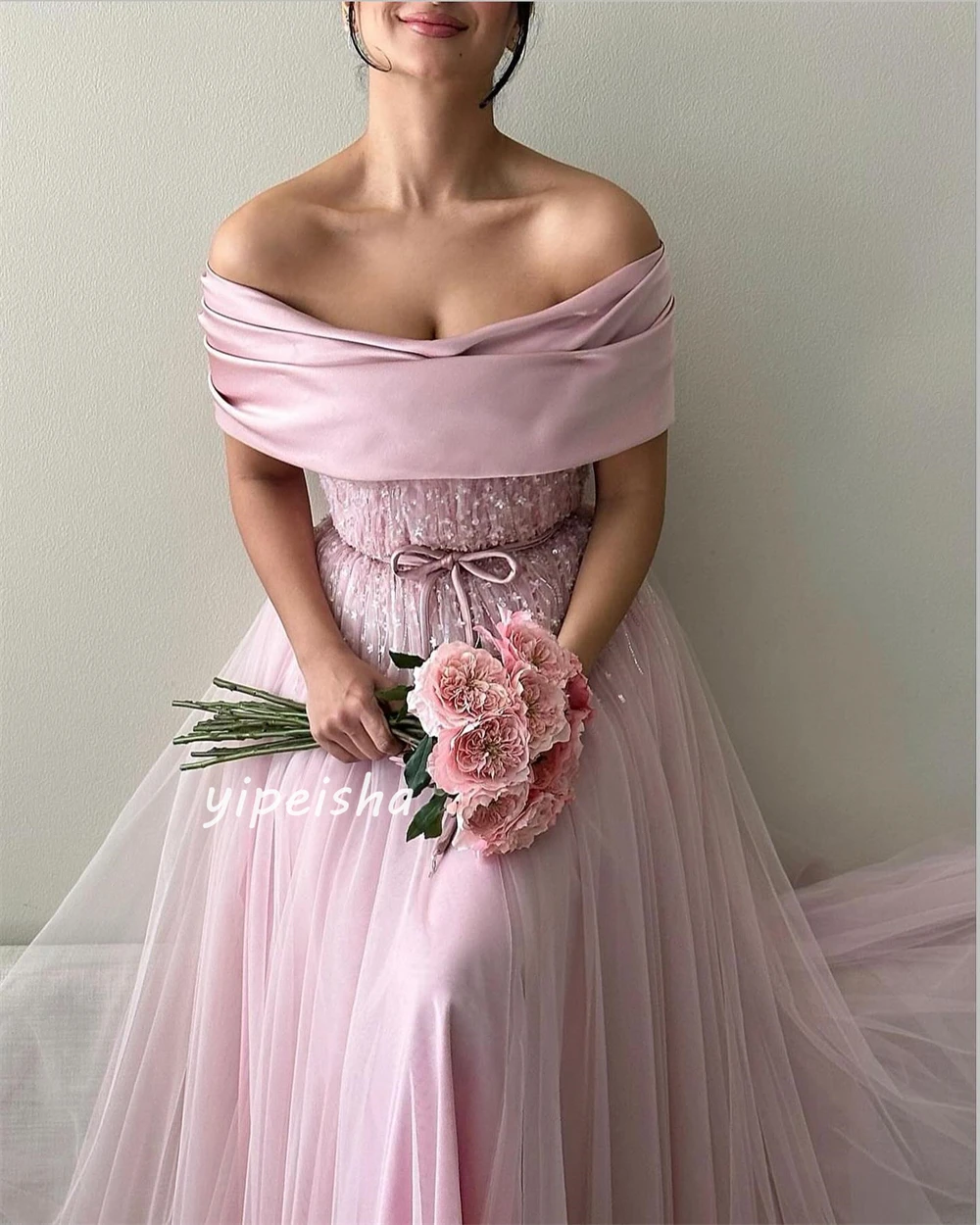 Tulle Sequined Beading Ruched Evening A-line Off-the-shoulder Bespoke Occasion Gown Midi Dresses