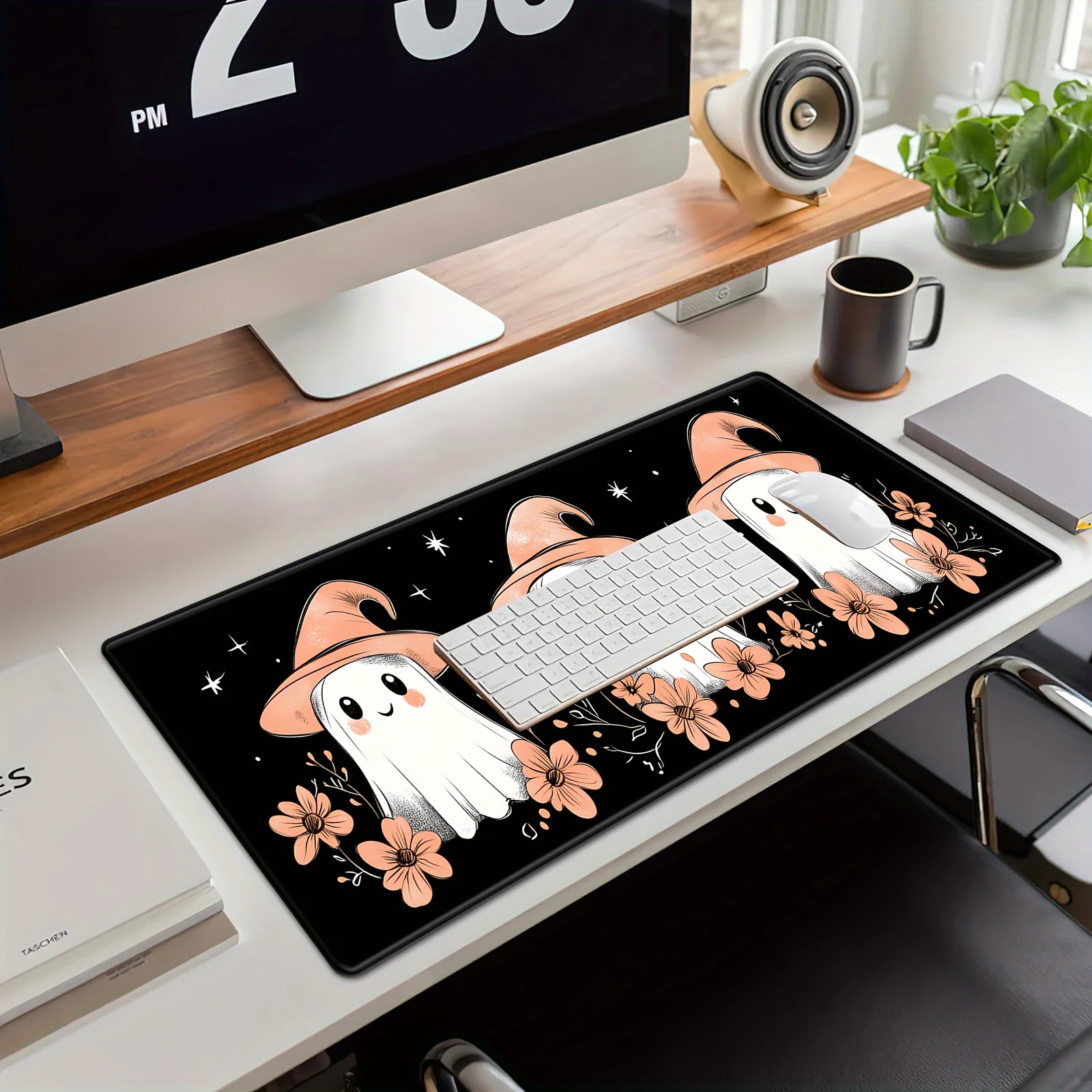 Tappetino per mouse grande a tema Halloween con base in gomma antiscivolo - Copertina per tastiera da ufficio gotica con fantasmi carini e Desi floreali