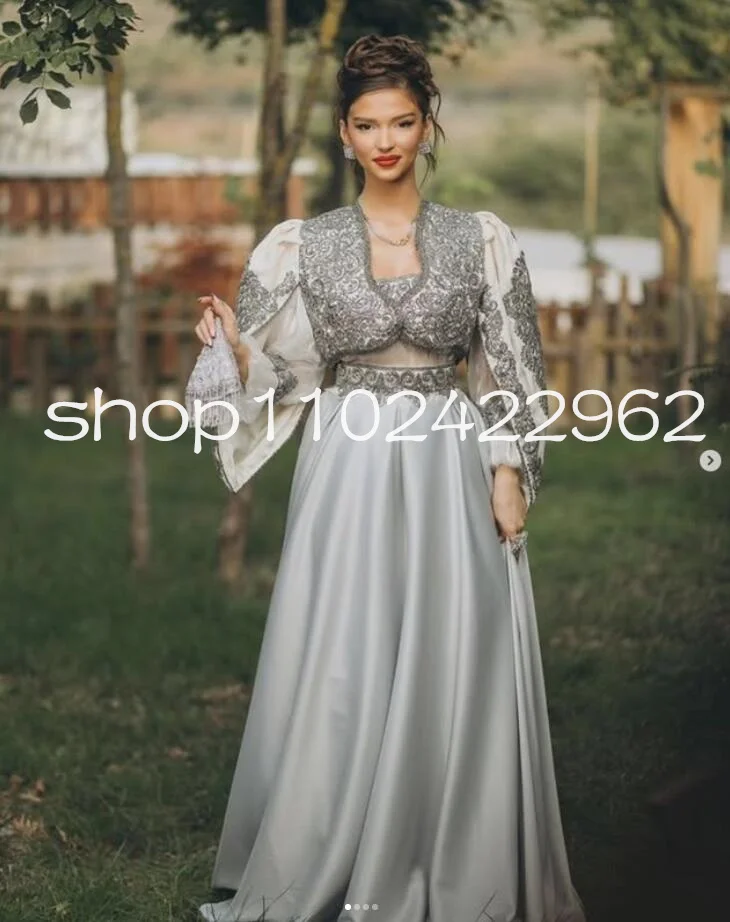 Silver Grey Algeria Caftan de soirée Evening Formal Dresses Luxury Kosovo Long Sleeve Kaftan Prom Gown Outfit Customsized