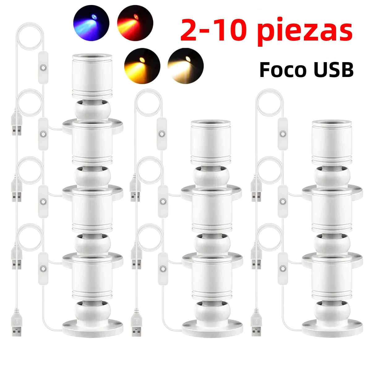 Foco LED para Gabinete con Puerto de Carga USB, Lámpara de Techo/Pared de Superficie, Downlight de 2-10 Lámparas, 8 Opciones de Color para Decoración de Vitrinas
