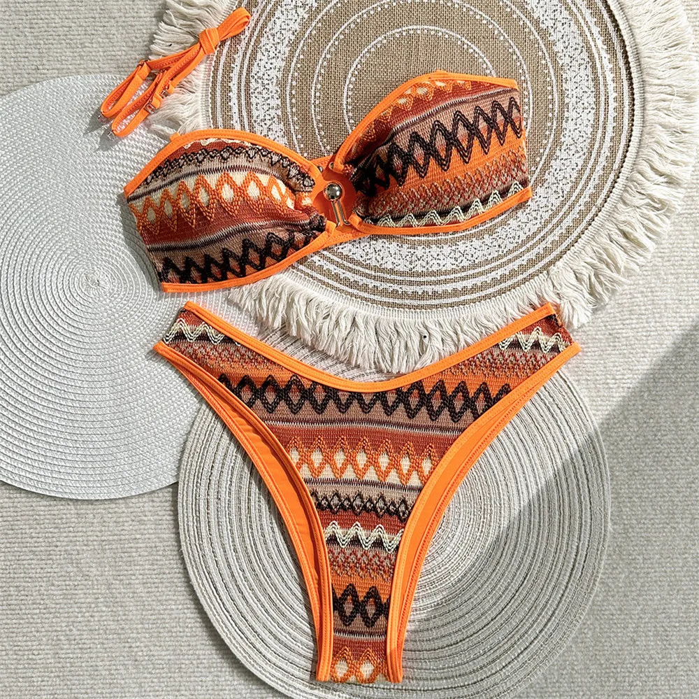 Orange Geometric Striped Bandeau Bikini Crochet Knitted Sexy Swimsuit Women Holiday Swimwears Bathing Suit Bikinis Sets 2026