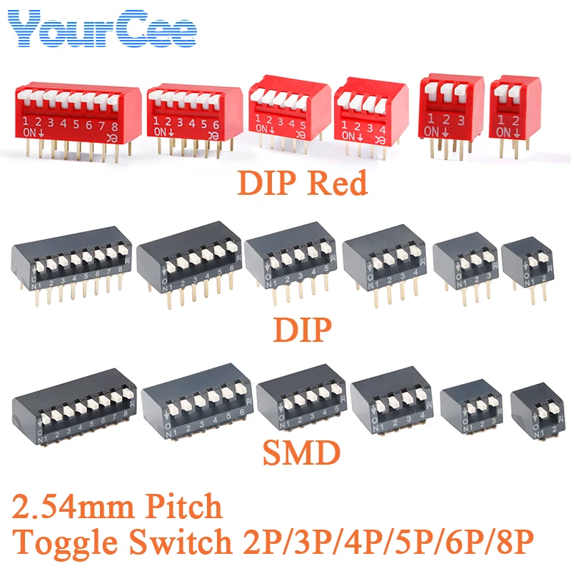 2.54mm Pitch DIP Switch 8/6/5/4/3/2 Bit Position DIP/SMD Toggle Code Switch Red Black DSDP06LHGET Piano Key DSPV04LHGET DSDP03