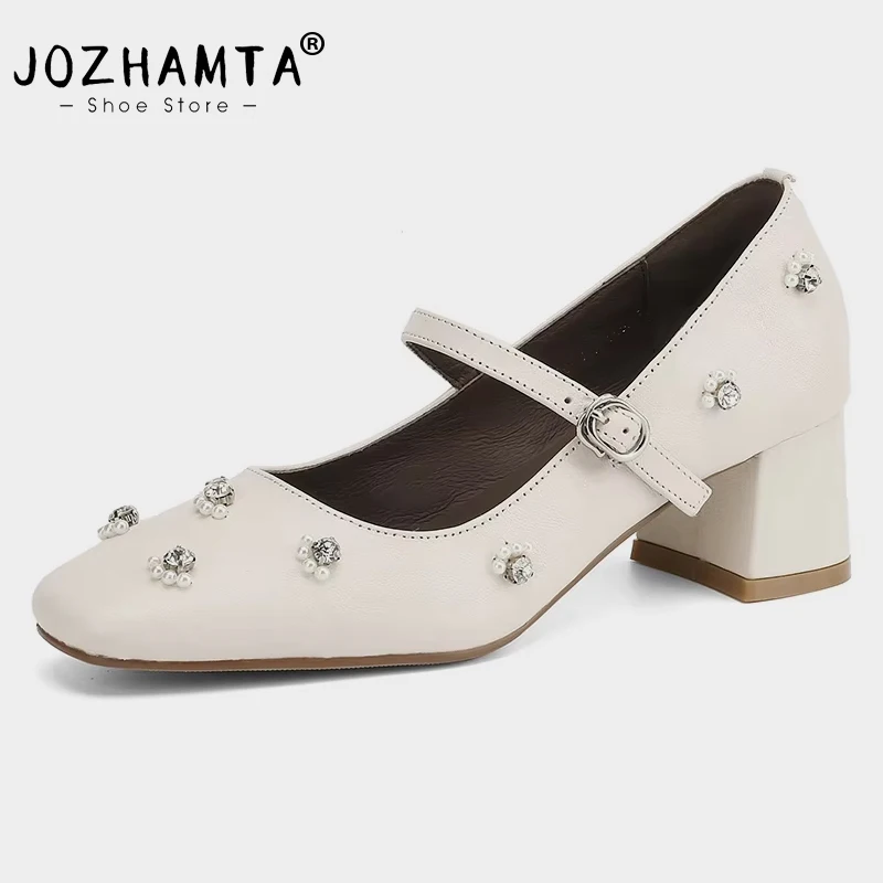 JOZHAMTA Women Pumps Real Leather Sparkly Beads Crystals Thick High Heels Shoes 2025 Spring Party Office Lady Dress Size 33-40