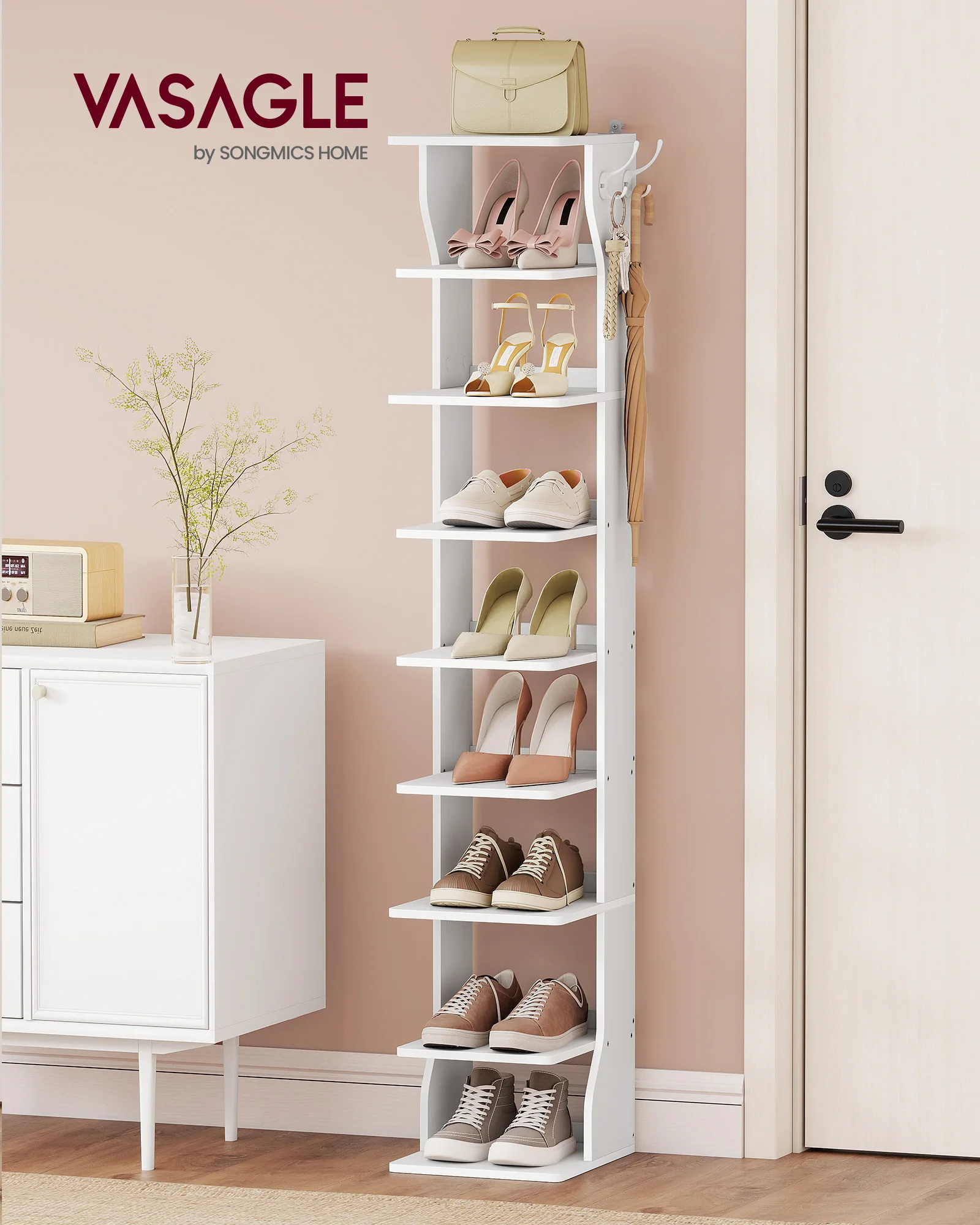 VASAGLE Schuhregal schmal, Standregal platzsparend, 9 Ebenen, für Eingangsbereich, Ecke, Schuhablage, weiß