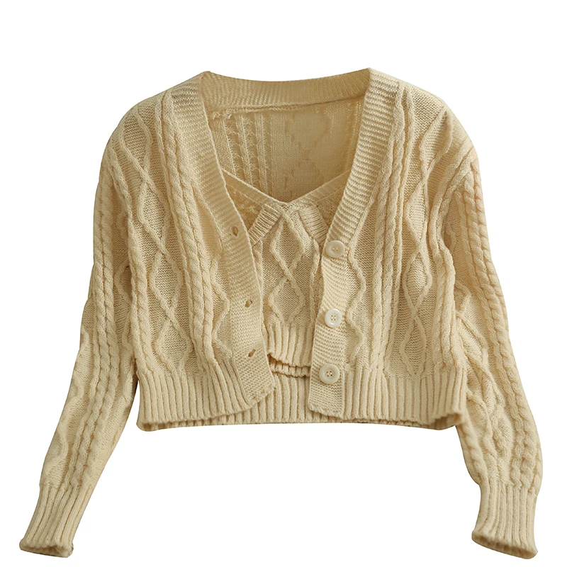 Ribbed Solid Fashion Cardigan Vest Women Clothes Casual Single Breasted White Sets Two Pieces Ropa Mujer Long Sleeve Korean Top