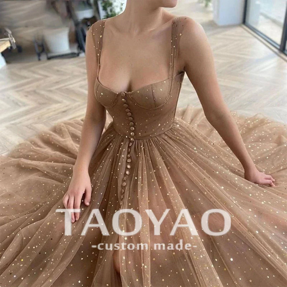 Elegant A Line Backless Evening Dresses Tulle Prom Dresses Boat Neck Backless Split Graduation Party Gowns Vestidos De Noche