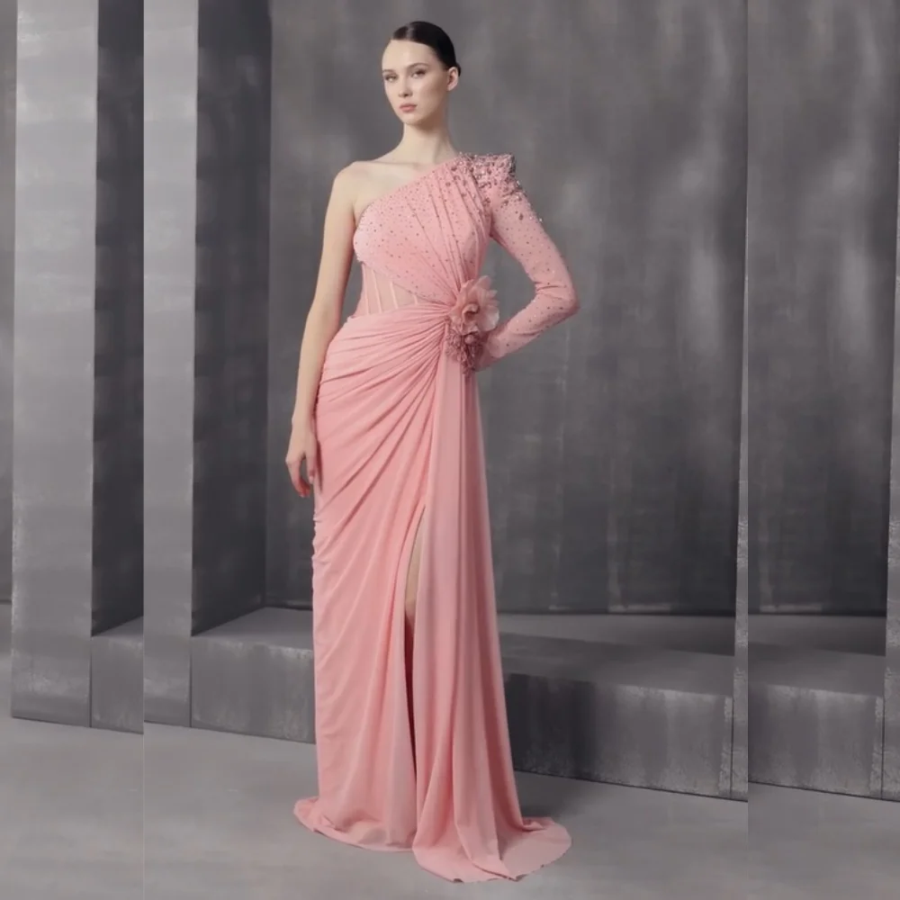 

Customized High Quality Chiffon Sequined Flower Pleat A-line One-shoulder Long Dresses Bespoke Occasion Classic