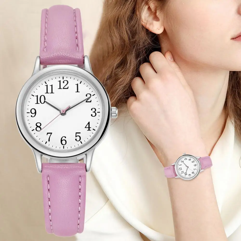 Artificial Leather Watch Band Minimalist Women Quartz Watch with Faux Leather Band Numerals Analog Wristwatch for Work School