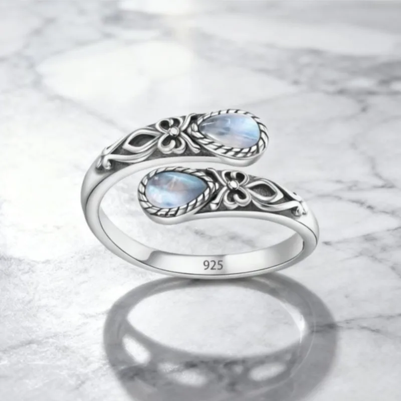 

Sam Panda 925 Sterling Silver Rings For Women Geometric Fine Jewelry Adjustable Vintage BLue Stone Ring For Party Birthday Gift