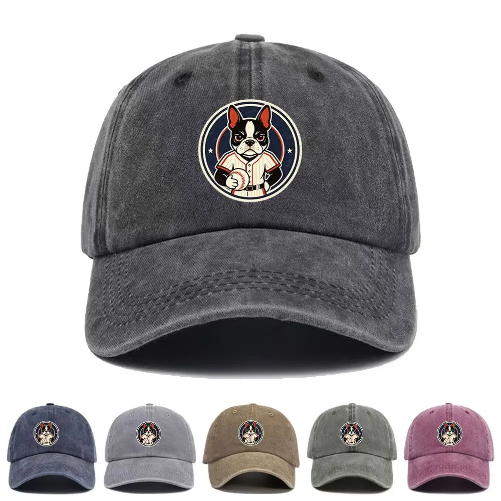 Vintage Washed Baseball Cap Cute Boston Terrier Print Graphic Unisex Streetwear Casual Trucker Style Summer Cotton Sun Hat