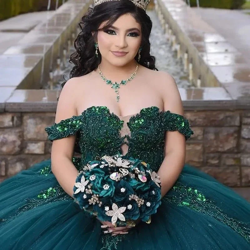 Luxury Ball Gown Quinceanera Dresses Beaded Appliques Party Dress Green Tulle Elegent Sweet Vestido De 15 16 Anos