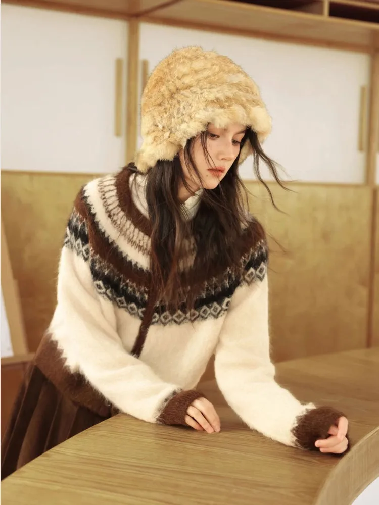 CHEERART-cárdigans marrones peludos de Fair Isle nórdico para mujer, suéter con botones, prendas de punto, suéter cálido Vintage para invierno, abrigo 2025