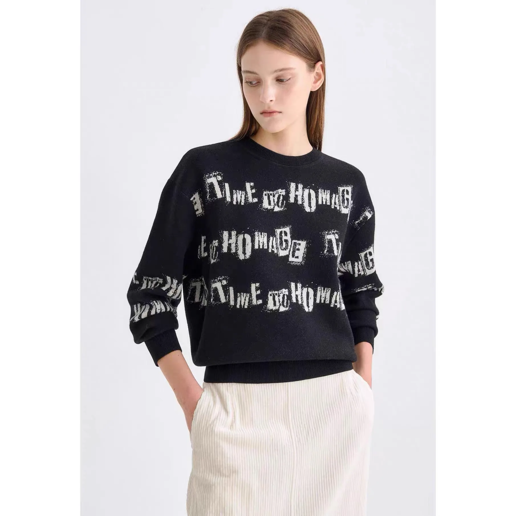 

TIM25 Осенний пригородный круглый вязаный шерстяной свитер с буквенным дизайном, повседневный универсальный длинный вязаный топ с надписью Sve