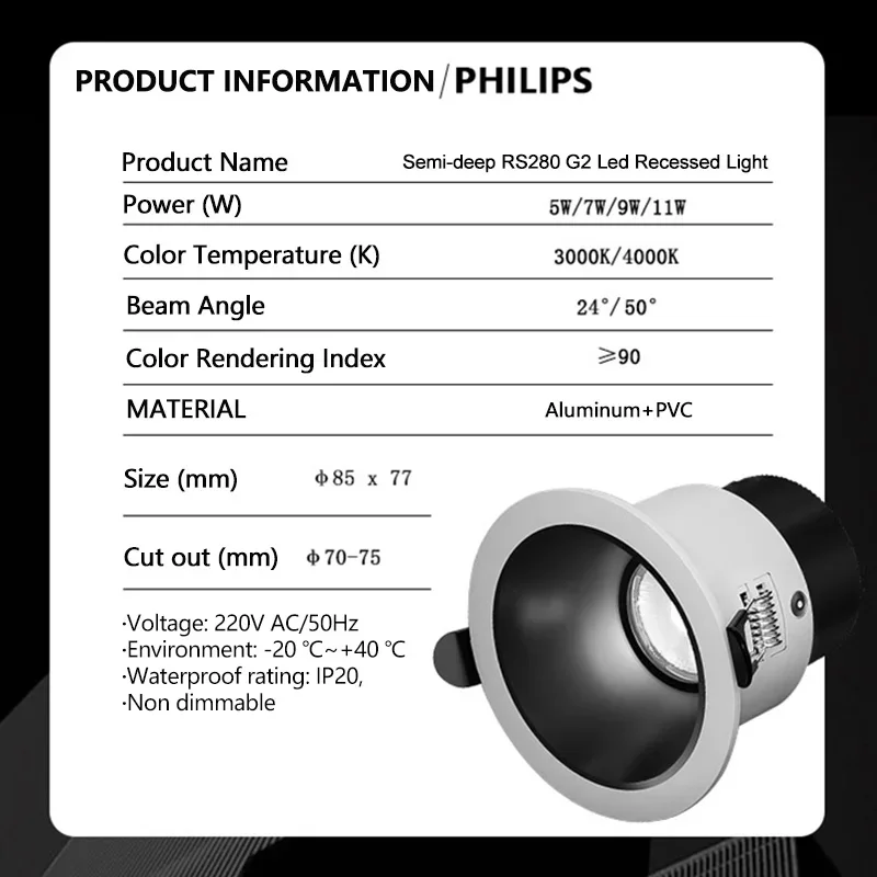 Philips G2 RS280 LED Spotlight Semi Recessed Home Ceiling Recessed Lamp Light 220V‑240V 4000K Natural White CRI90 50° Beam Angle