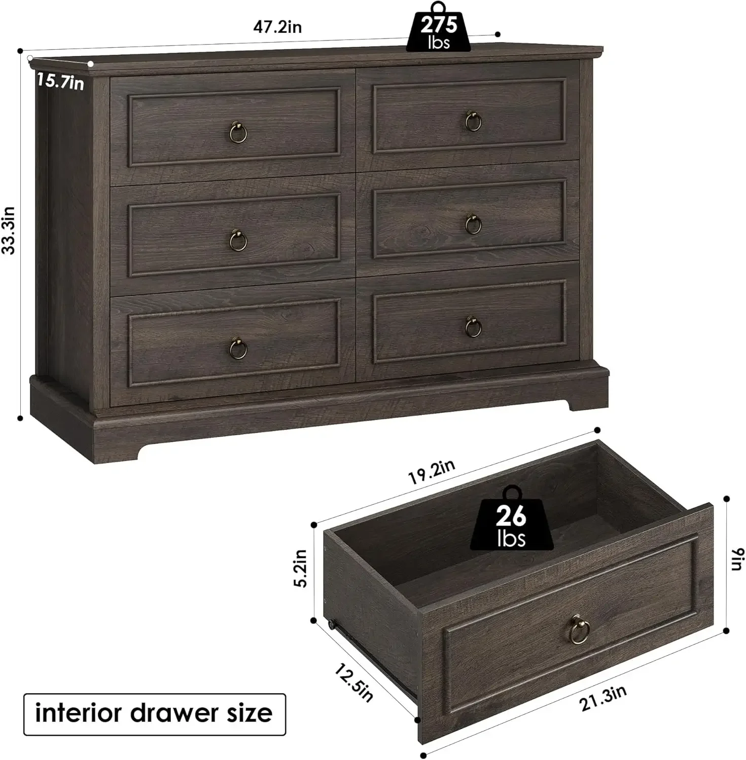 6 Drawer Double Dresser, Modern Farmhouse Chest of Drawers, Wide Dressers Organizer, Accent Wood Storage Cabinet