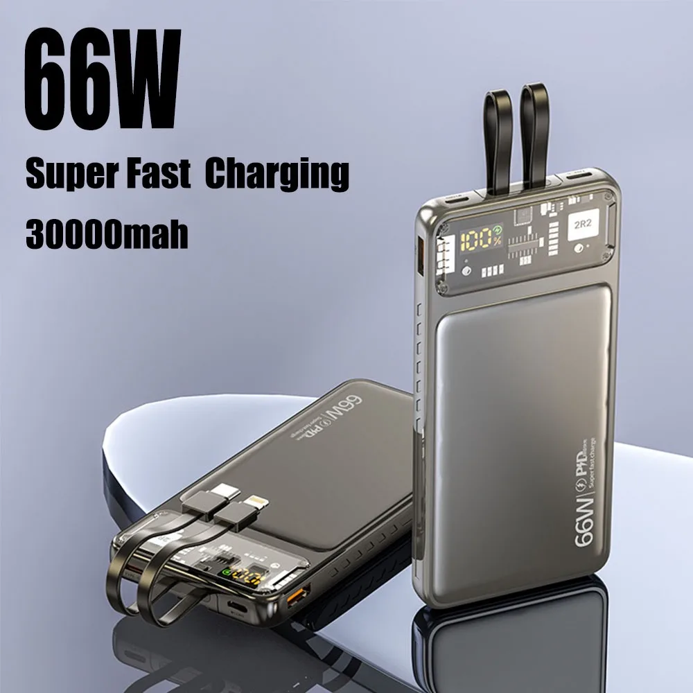 Dazzling Cool Transparent Mecha Power Bank 30000mAh Large Capacity Phone Charger Portable Digital Display Powerbanks with Lines